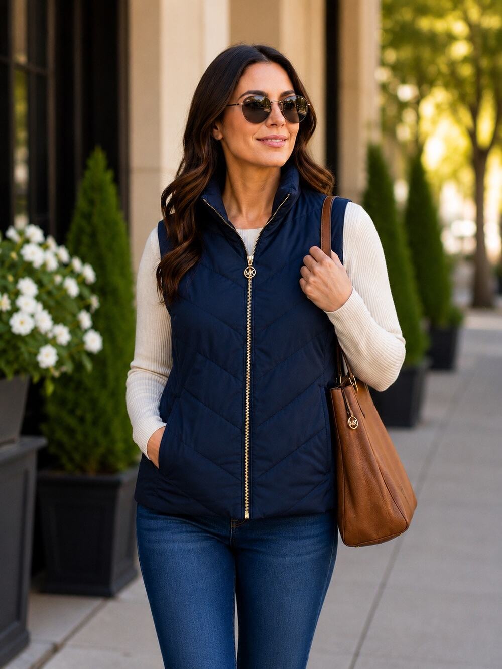 Michael Kors Navy Chevron Quilted Puffer Vest Gold Zip Women’s Large EUC